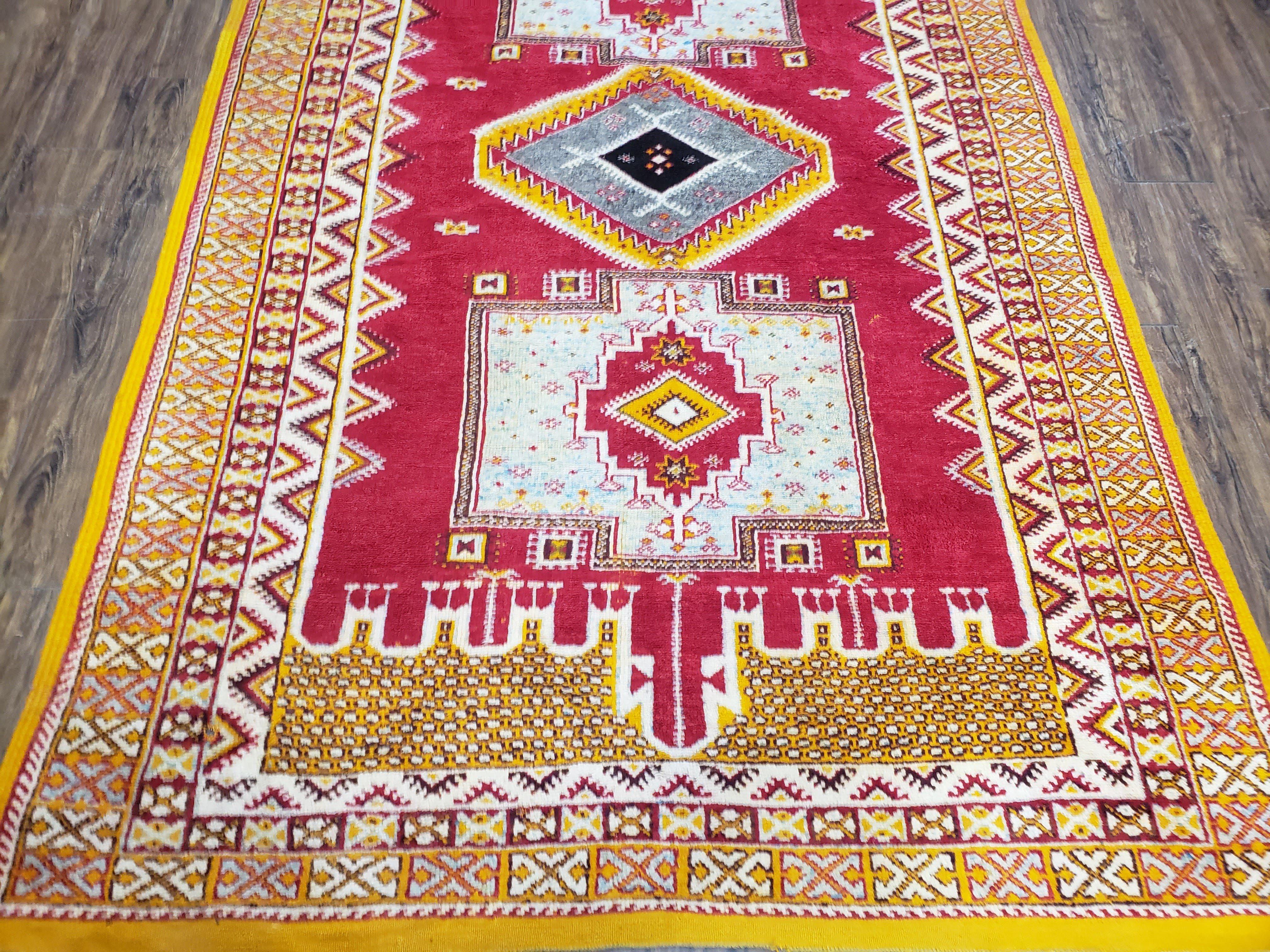 Vintage Moroccan Rug 6x10, Red and Yellow Moroccan Carpet, Handmade Bohemian Tribal Area Rug, Hand-Knotted 1970s Wool Rug, Medalions - Image 5