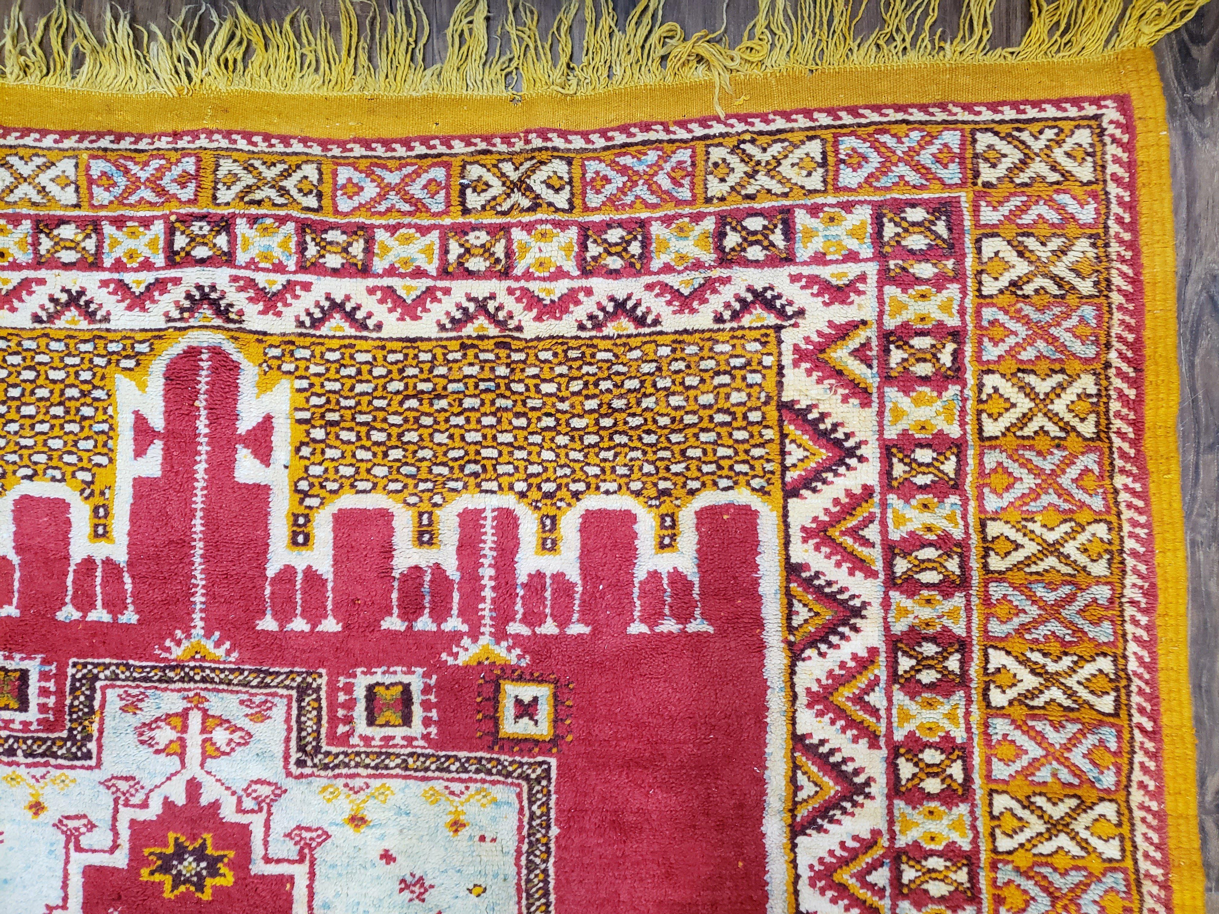 Vintage Moroccan Rug 6x10, Red and Yellow Moroccan Carpet, Handmade Bohemian Tribal Area Rug, Hand-Knotted 1970s Wool Rug, Medalions - Image 7