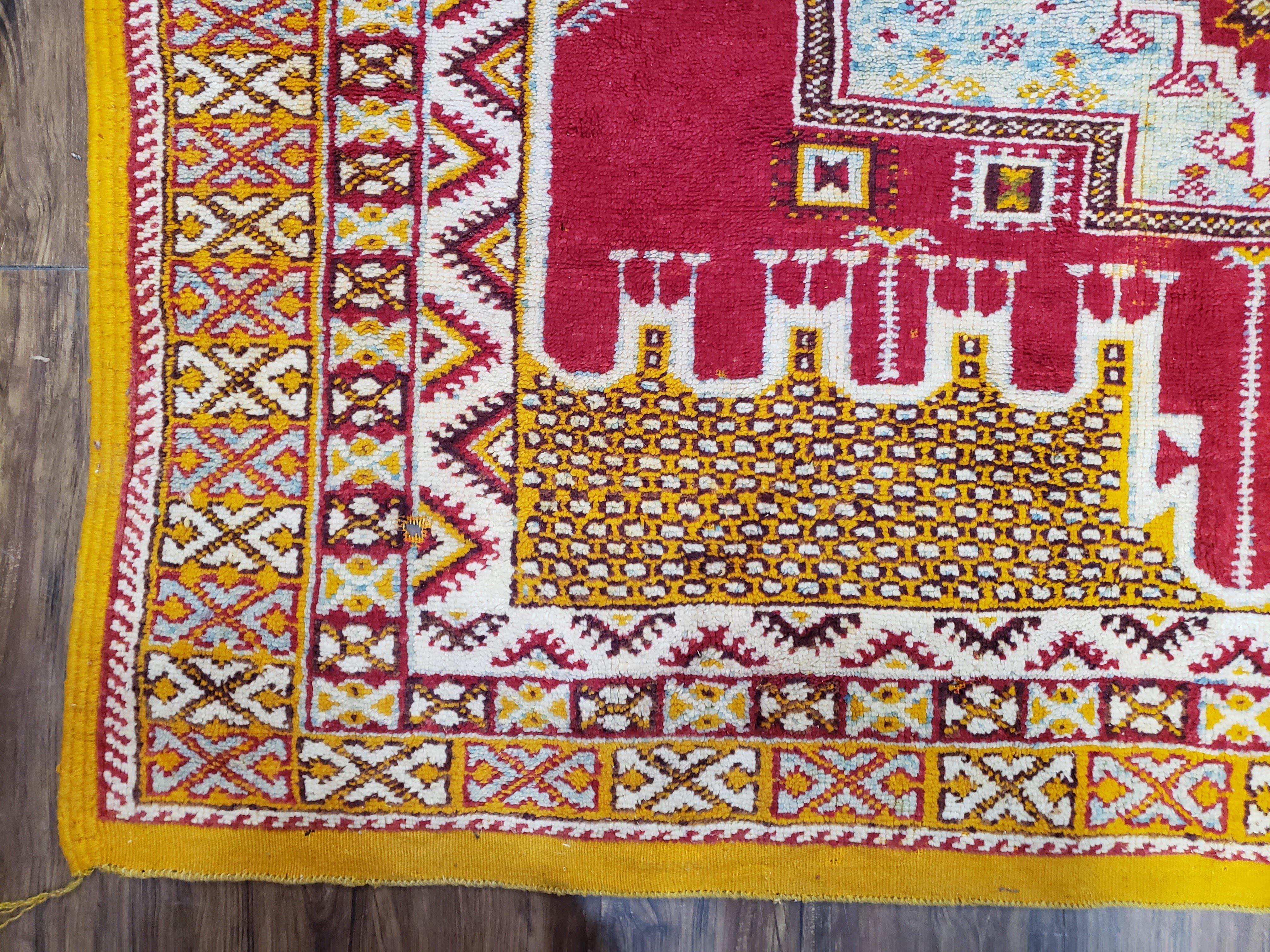 Vintage Moroccan Rug 6x10, Red and Yellow Moroccan Carpet, Handmade Bohemian Tribal Area Rug, Hand-Knotted 1970s Wool Rug, Medalions - Image 8