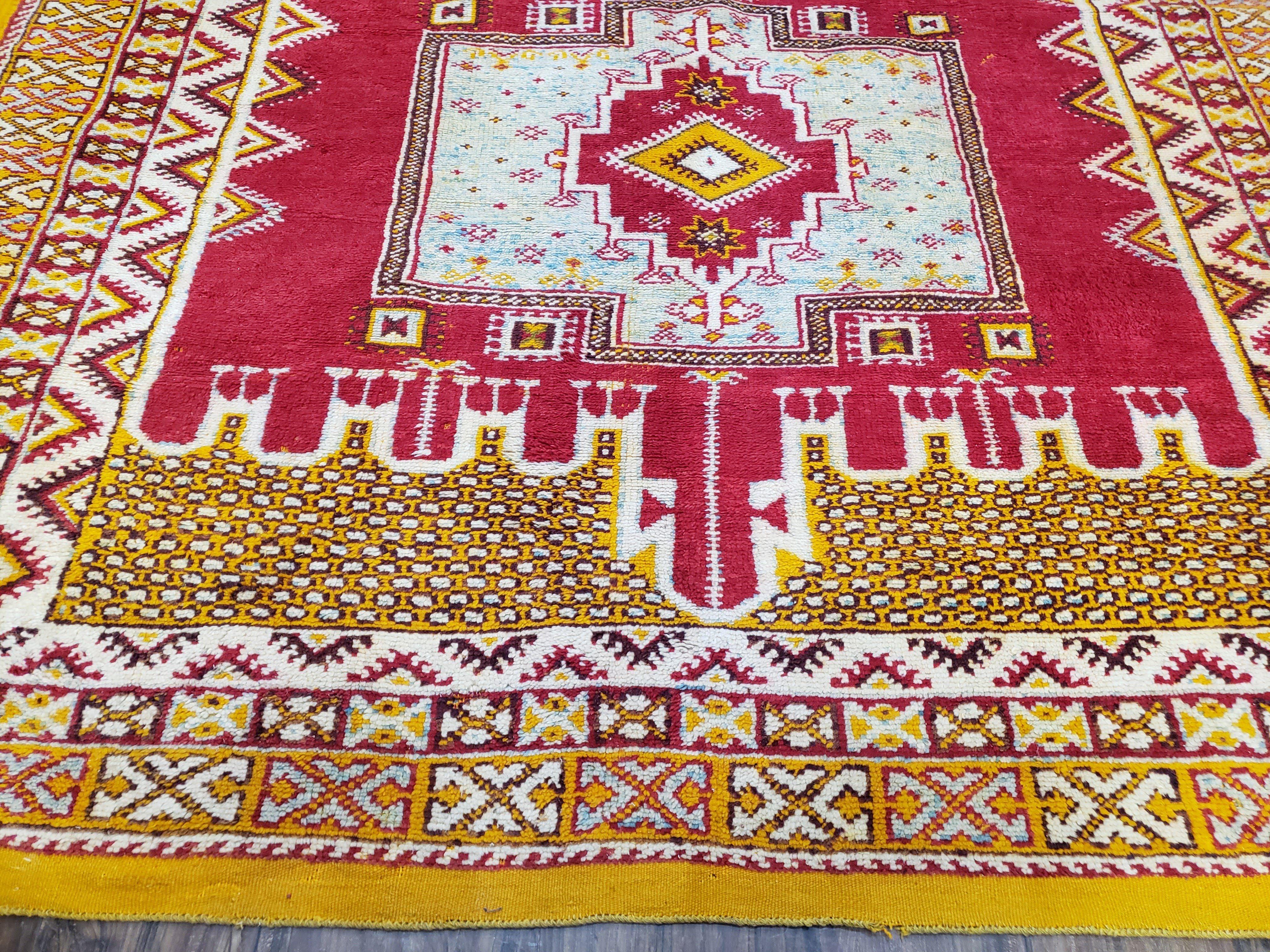 Vintage Moroccan Rug 6x10, Red and Yellow Moroccan Carpet, Handmade Bohemian Tribal Area Rug, Hand-Knotted 1970s Wool Rug, Medalions - Image 9