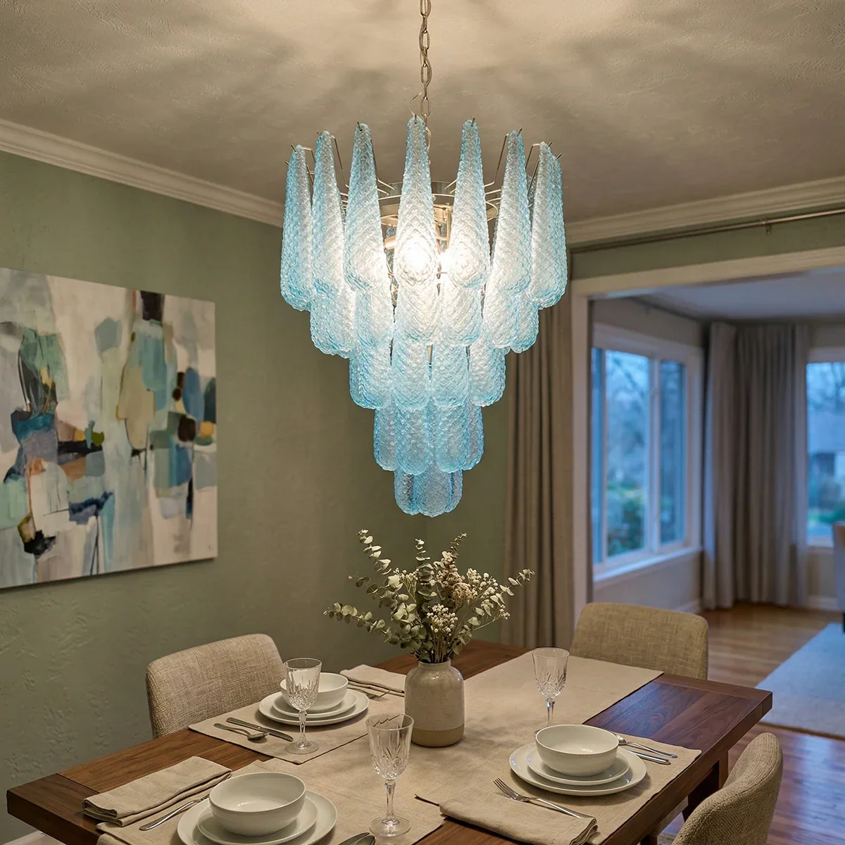 Vintage Murano Blue Petals Drop Glass Chandelier - Image 2