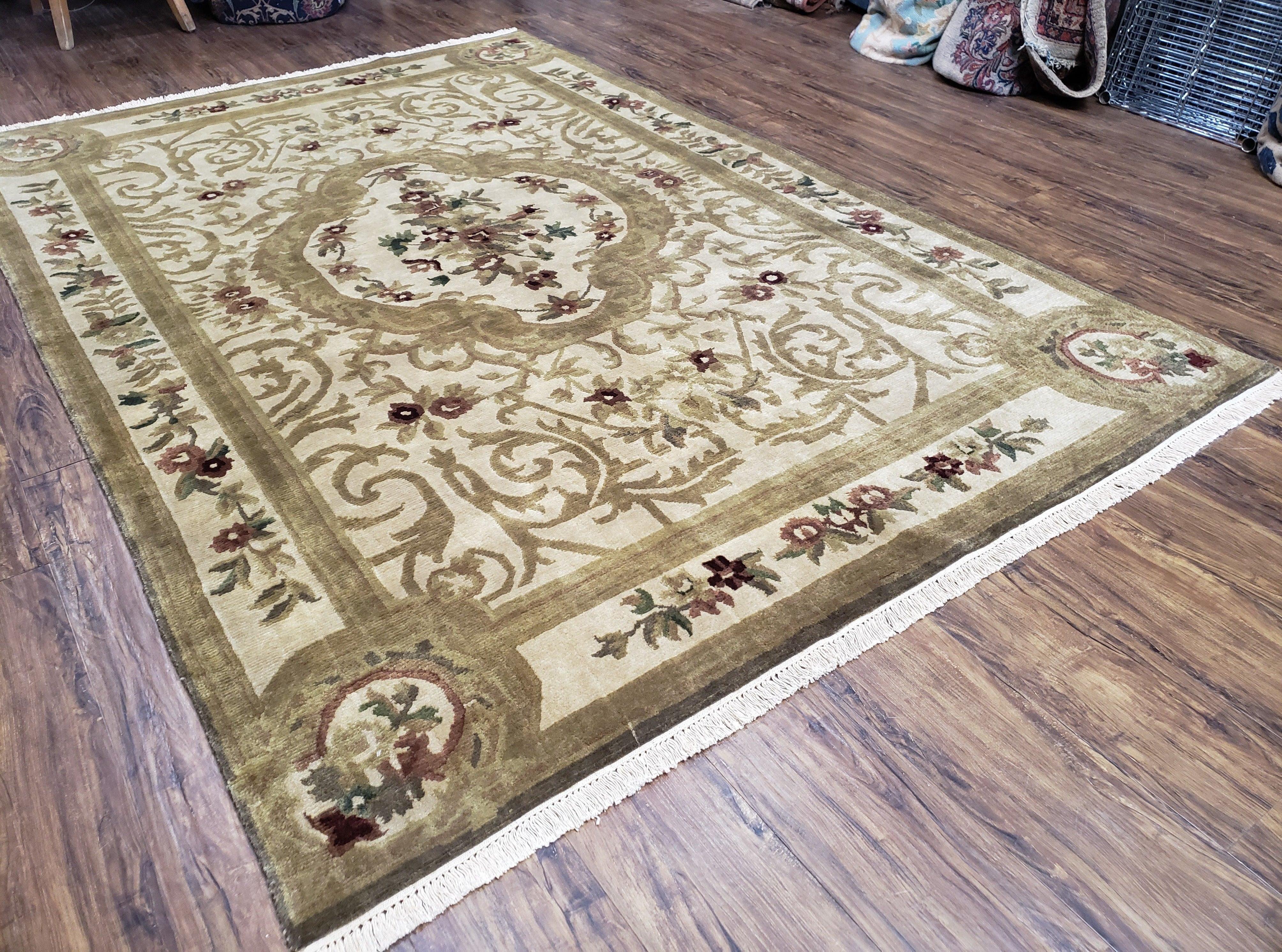 Vintage Nepali Tibetan Aubusson Rug 6x9, Wool Hand-Knotted Cream Beige Carpet, Leaves & Floral Pattern 6 x 9 Soft Area Rug Home Office Rug - Image 11