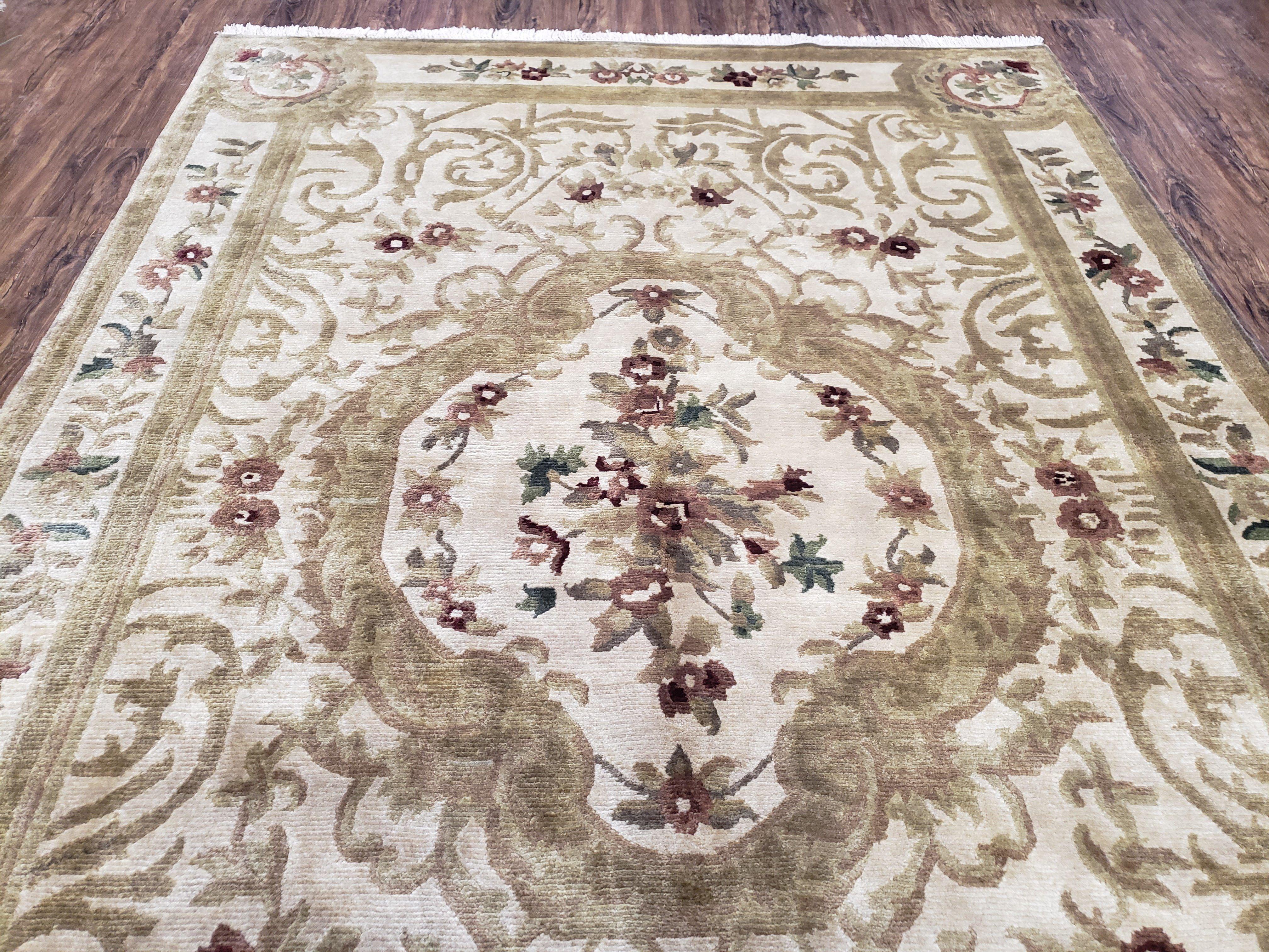 Vintage Nepali Tibetan Aubusson Rug 6x9, Wool Hand-Knotted Cream Beige Carpet, Leaves & Floral Pattern 6 x 9 Soft Area Rug Home Office Rug - Image 12