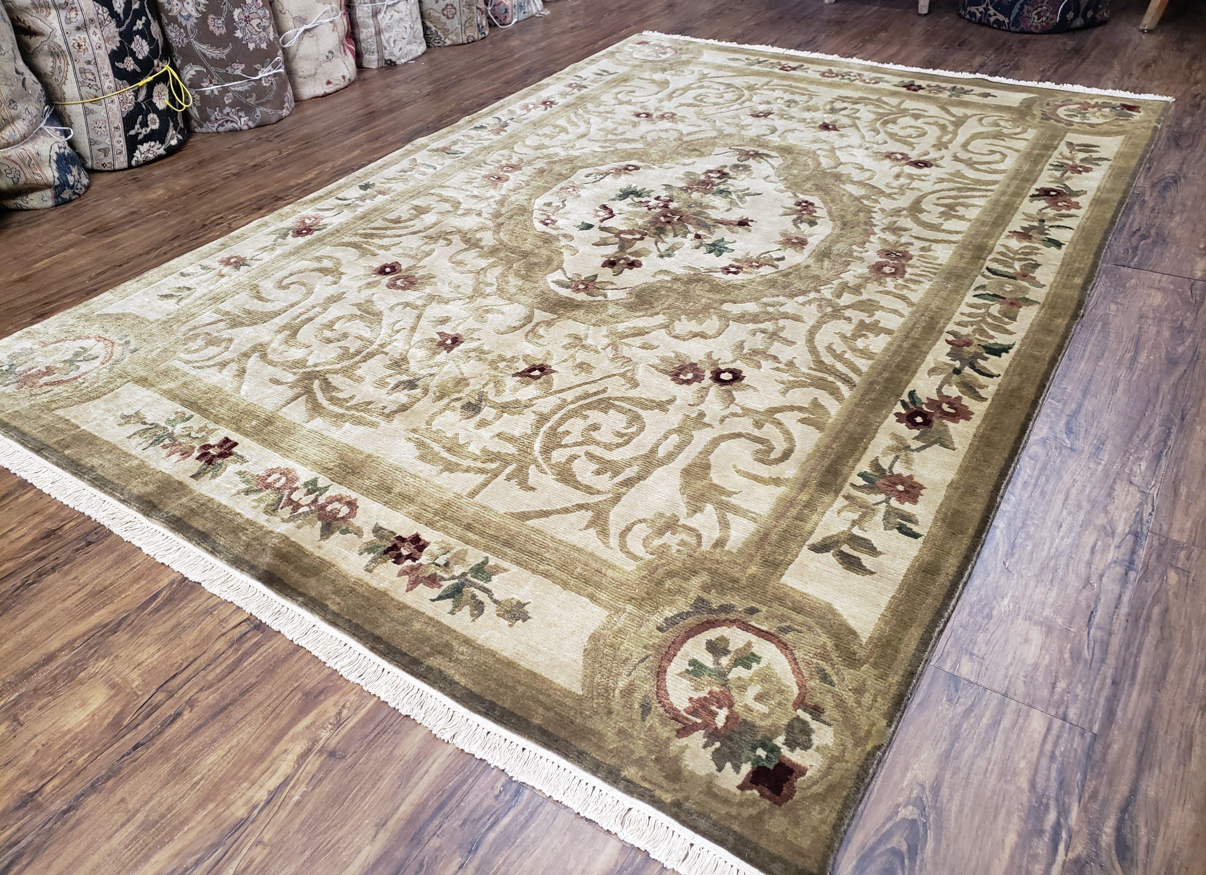 Vintage Nepali Tibetan Aubusson Rug 6x9, Wool Hand-Knotted Cream Beige Carpet, Leaves & Floral Pattern 6 x 9 Soft Area Rug Home Office Rug - Image 2