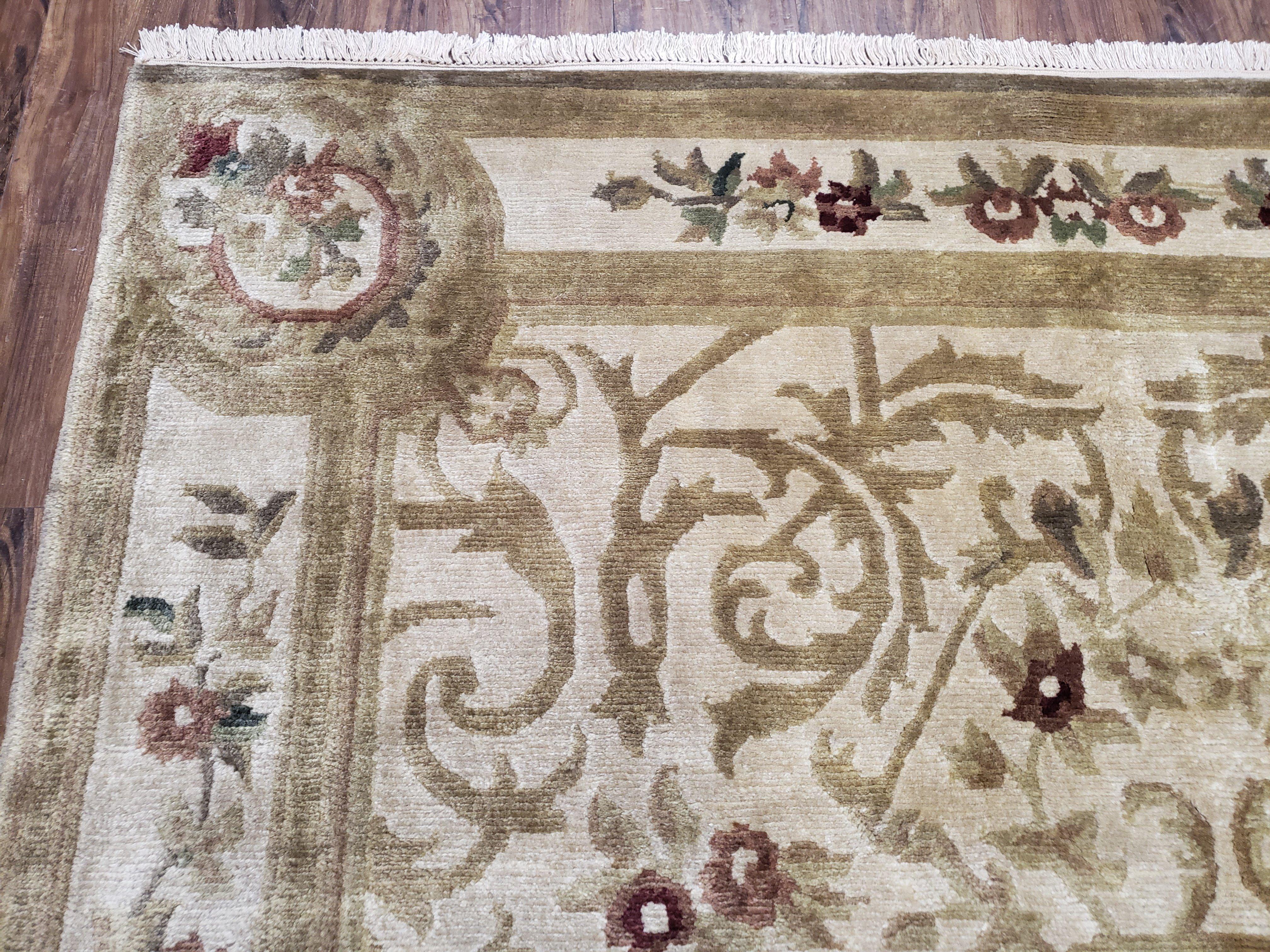 Vintage Nepali Tibetan Aubusson Rug 6x9, Wool Hand-Knotted Cream Beige Carpet, Leaves & Floral Pattern 6 x 9 Soft Area Rug Home Office Rug - Image 6