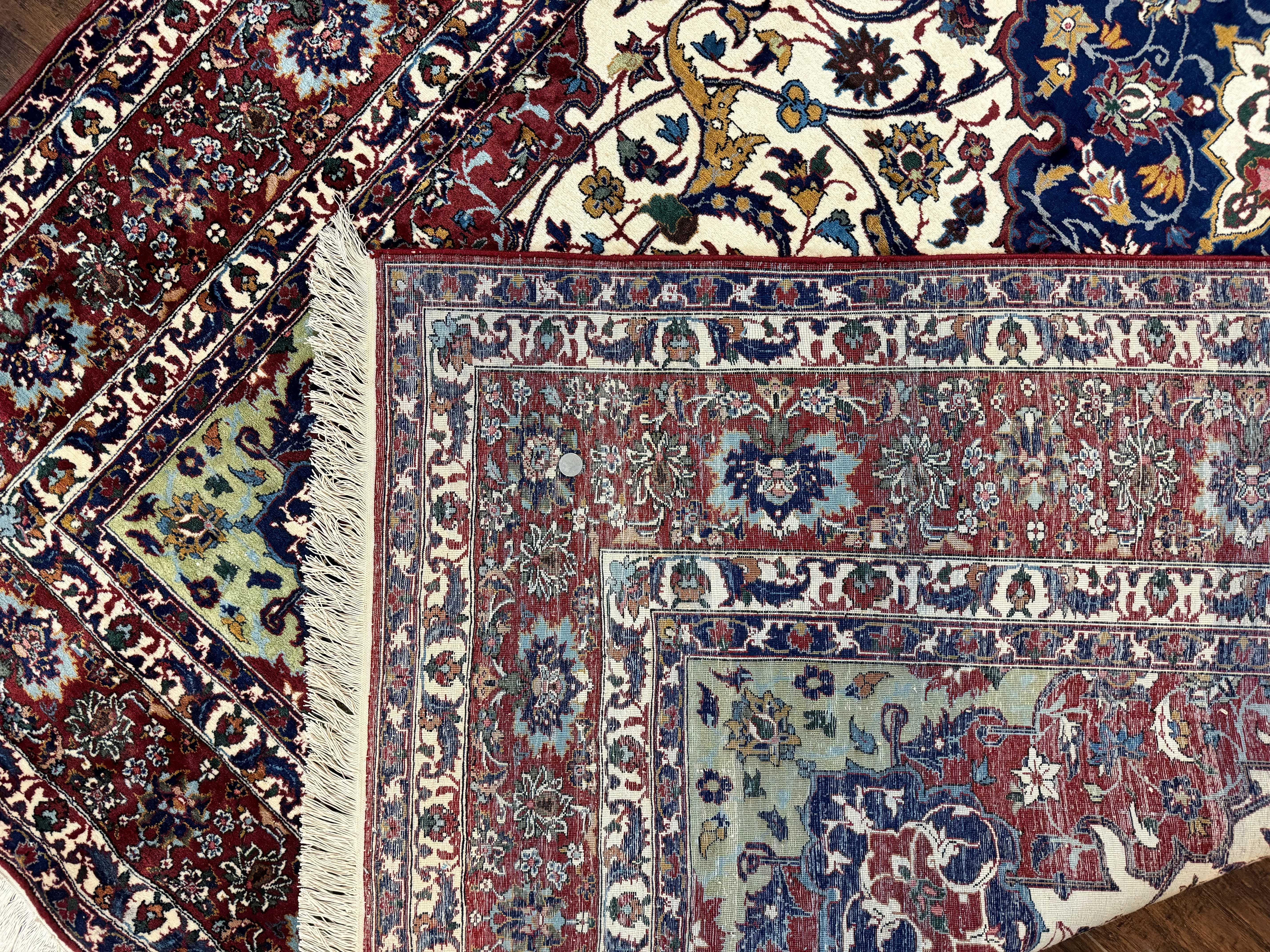 Wonderful Persian Isfahan Rug 7x9, Ivory Navy Blue Red, Floral Medallion, Very Finely Hand Knotted 260 KPSI, Handmade Wool Vintage Rug - Image 10