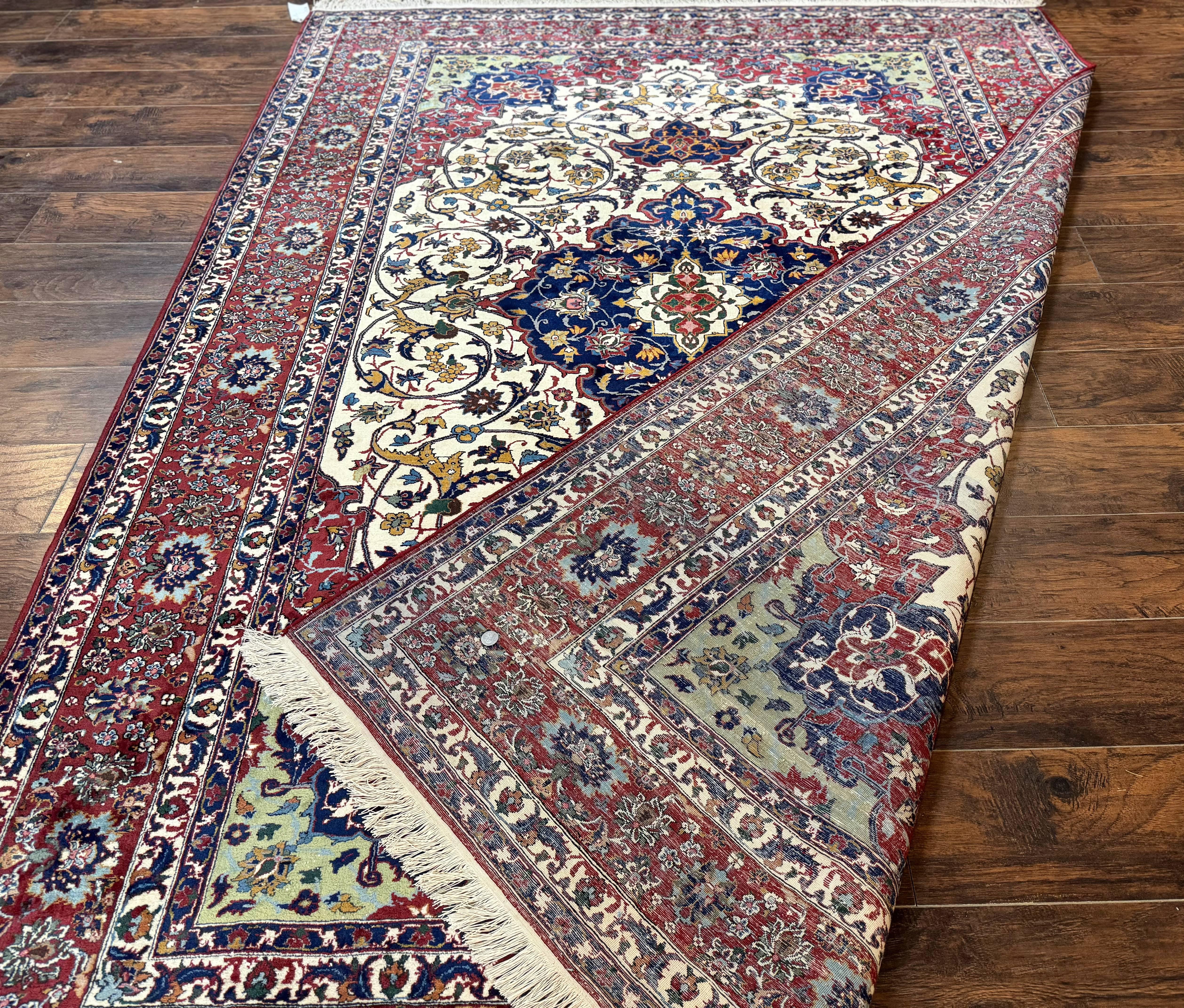 Wonderful Persian Isfahan Rug 7x9, Ivory Navy Blue Red, Floral Medallion, Very Finely Hand Knotted 260 KPSI, Handmade Wool Vintage Rug - Image 11