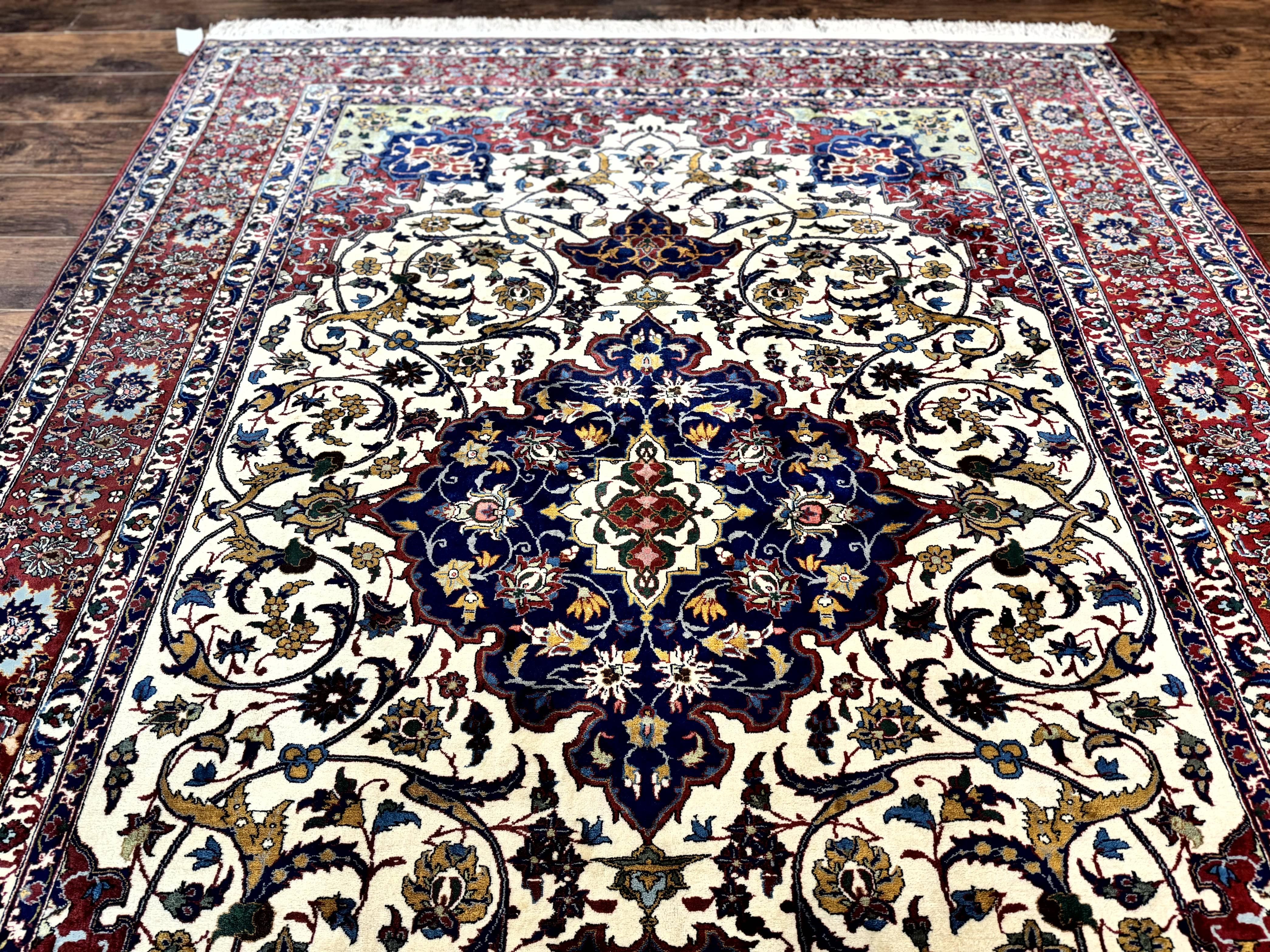 Wonderful Persian Isfahan Rug 7x9, Ivory Navy Blue Red, Floral Medallion, Very Finely Hand Knotted 260 KPSI, Handmade Wool Vintage Rug - Image 12