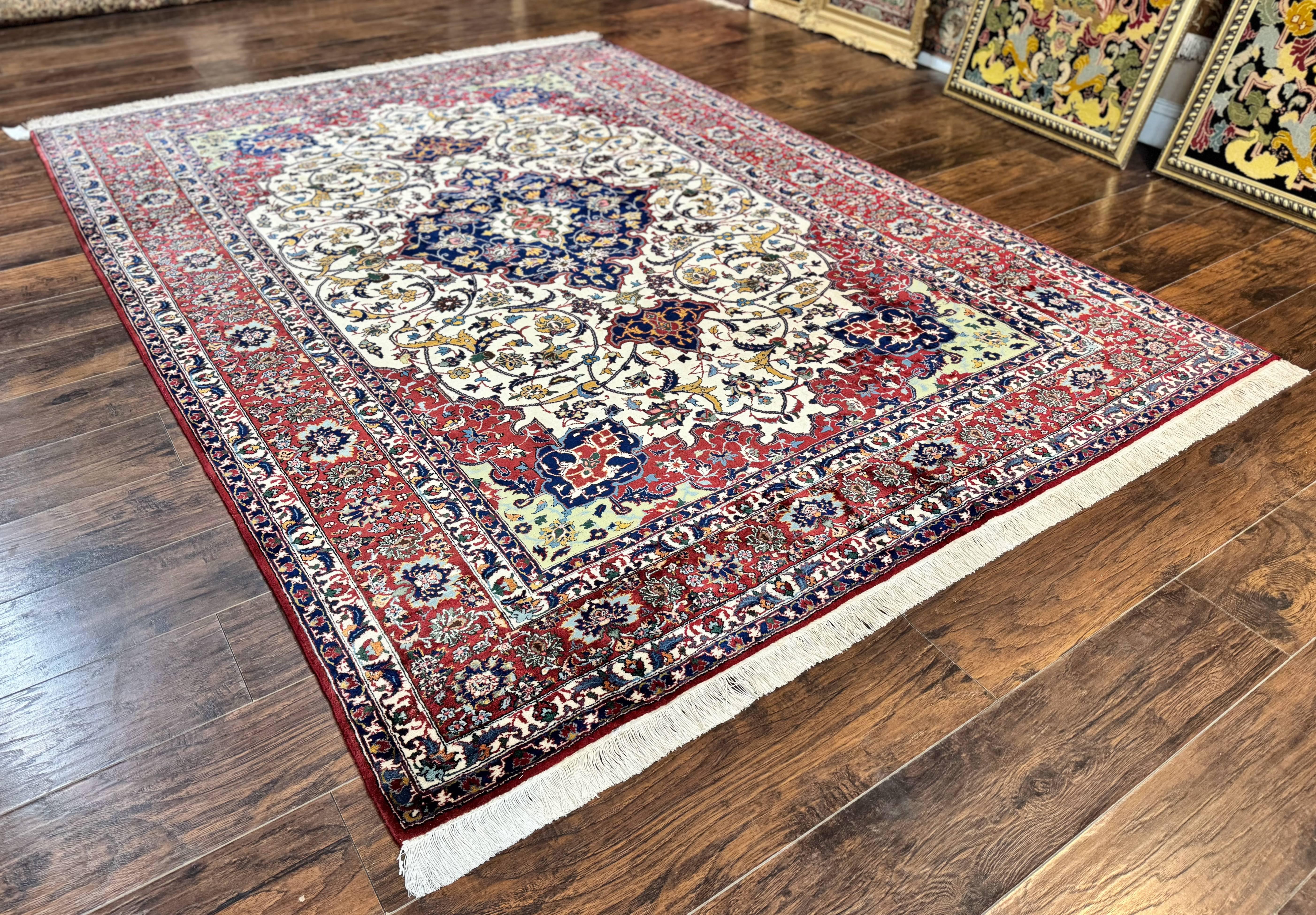 Wonderful Persian Isfahan Rug 7x9, Ivory Navy Blue Red, Floral Medallion, Very Finely Hand Knotted 260 KPSI, Handmade Wool Vintage Rug - Image 2