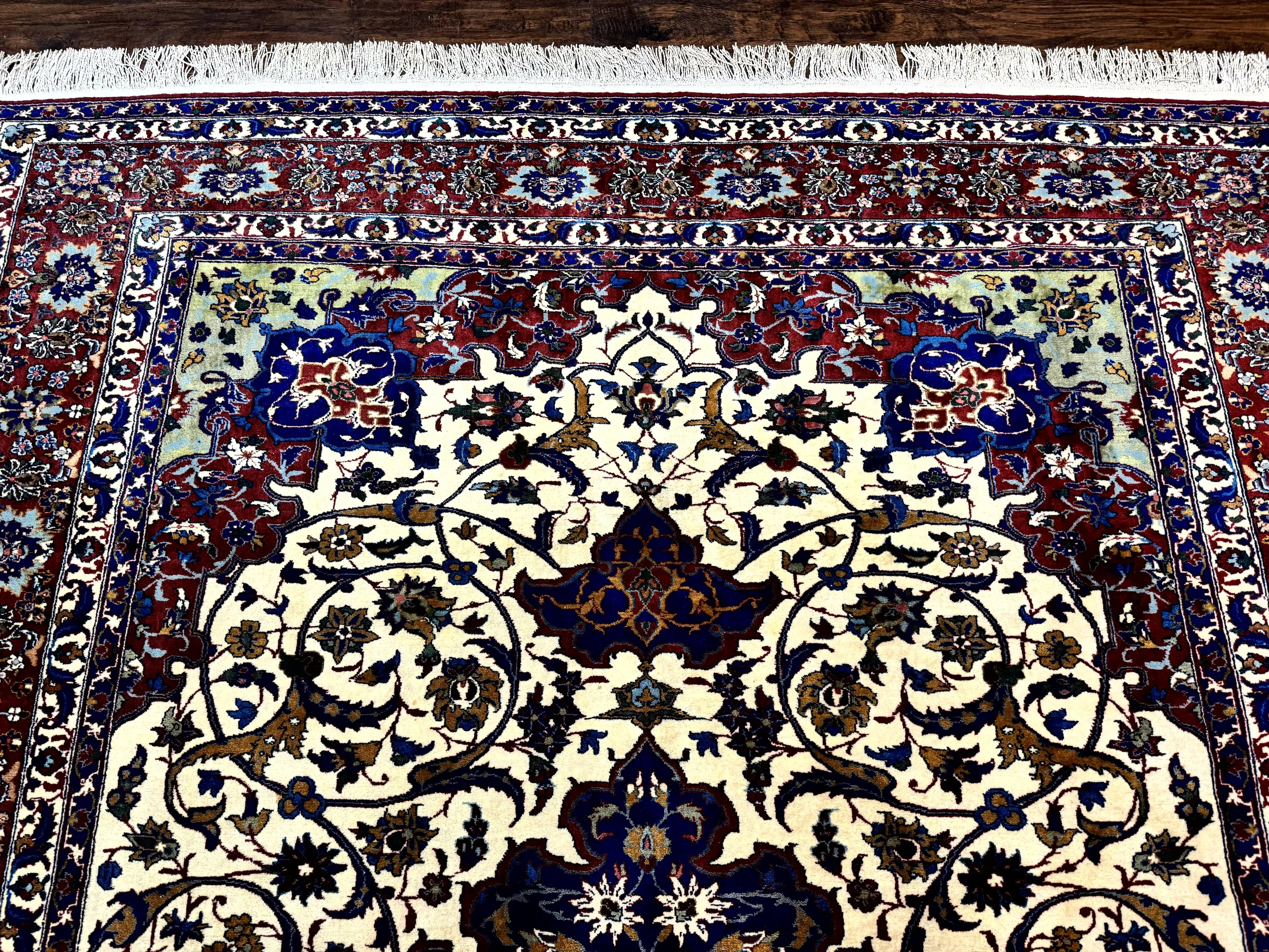 Wonderful Persian Isfahan Rug 7x9, Ivory Navy Blue Red, Floral Medallion, Very Finely Hand Knotted 260 KPSI, Handmade Wool Vintage Rug - Image 3
