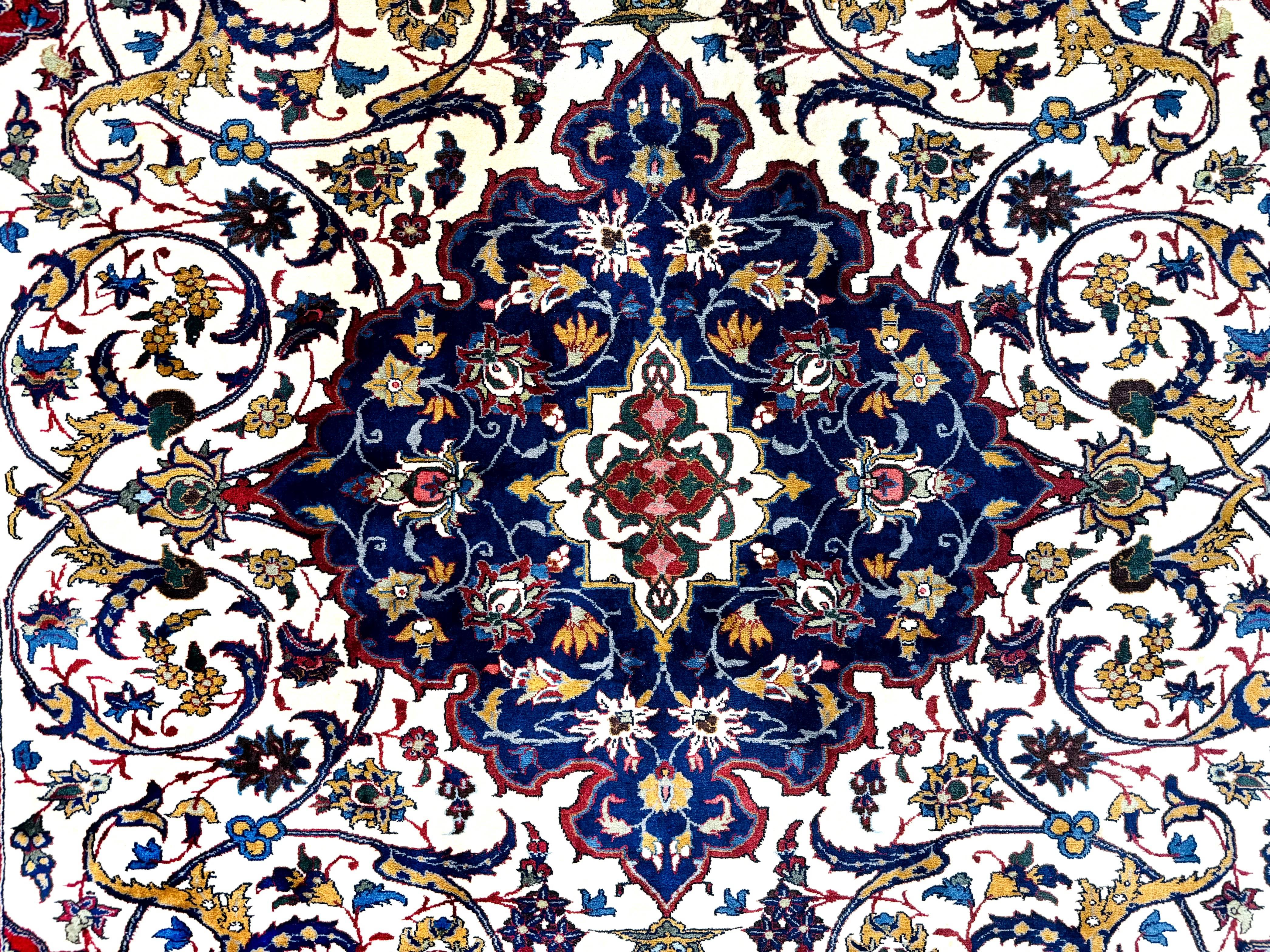 Wonderful Persian Isfahan Rug 7x9, Ivory Navy Blue Red, Floral Medallion, Very Finely Hand Knotted 260 KPSI, Handmade Wool Vintage Rug - Image 4