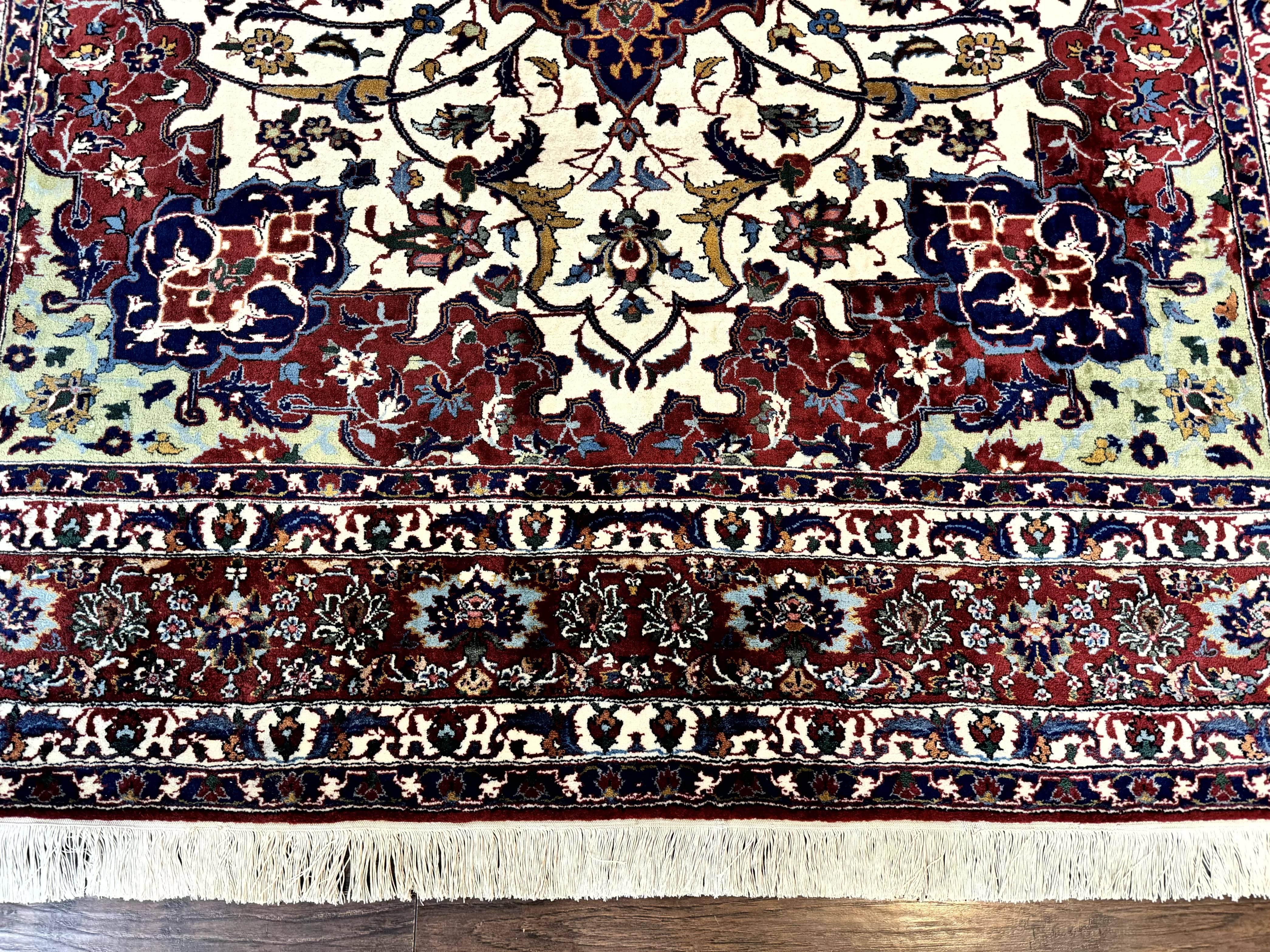 Wonderful Persian Isfahan Rug 7x9, Ivory Navy Blue Red, Floral Medallion, Very Finely Hand Knotted 260 KPSI, Handmade Wool Vintage Rug - Image 5