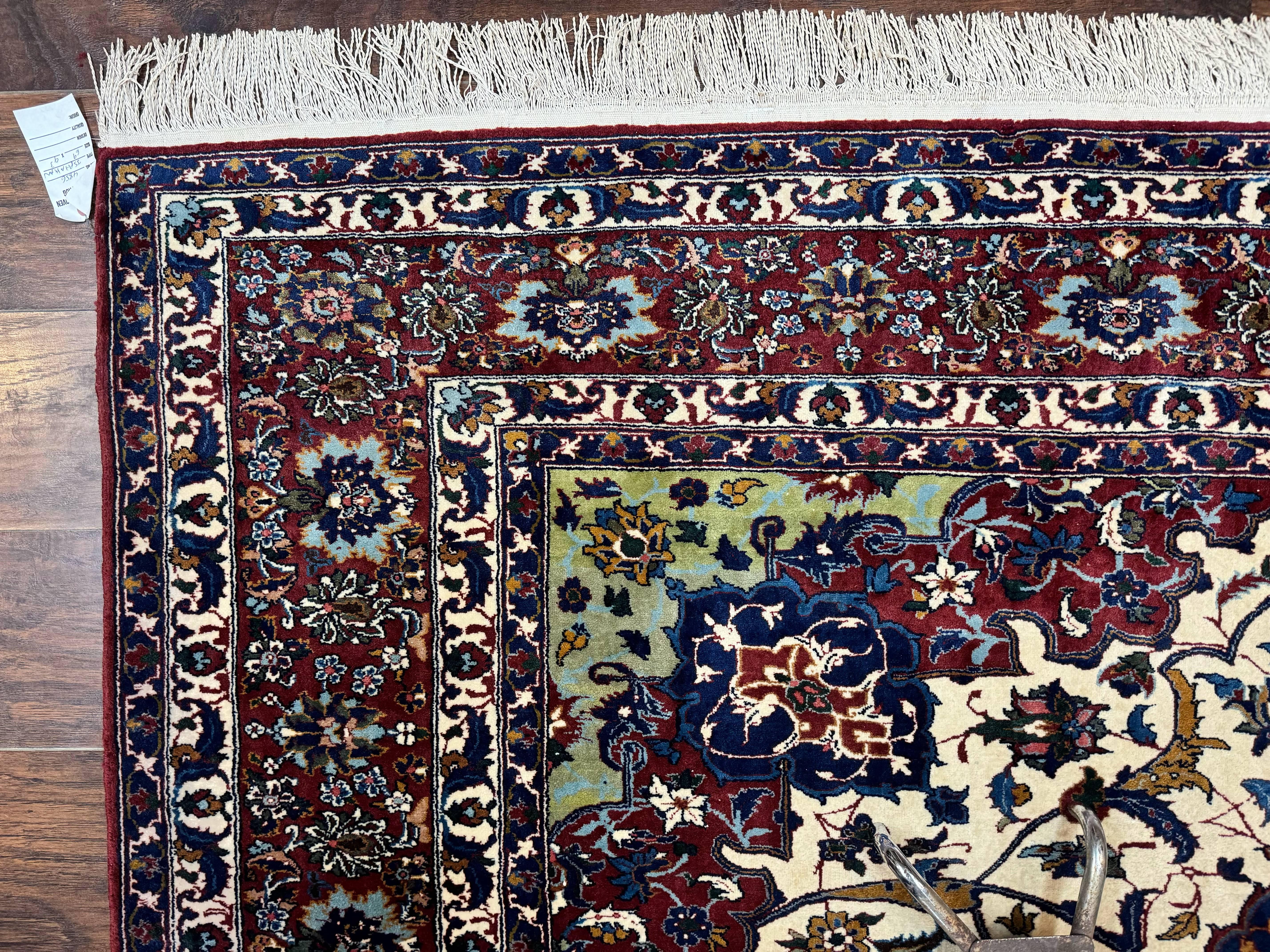 Wonderful Persian Isfahan Rug 7x9, Ivory Navy Blue Red, Floral Medallion, Very Finely Hand Knotted 260 KPSI, Handmade Wool Vintage Rug - Image 6