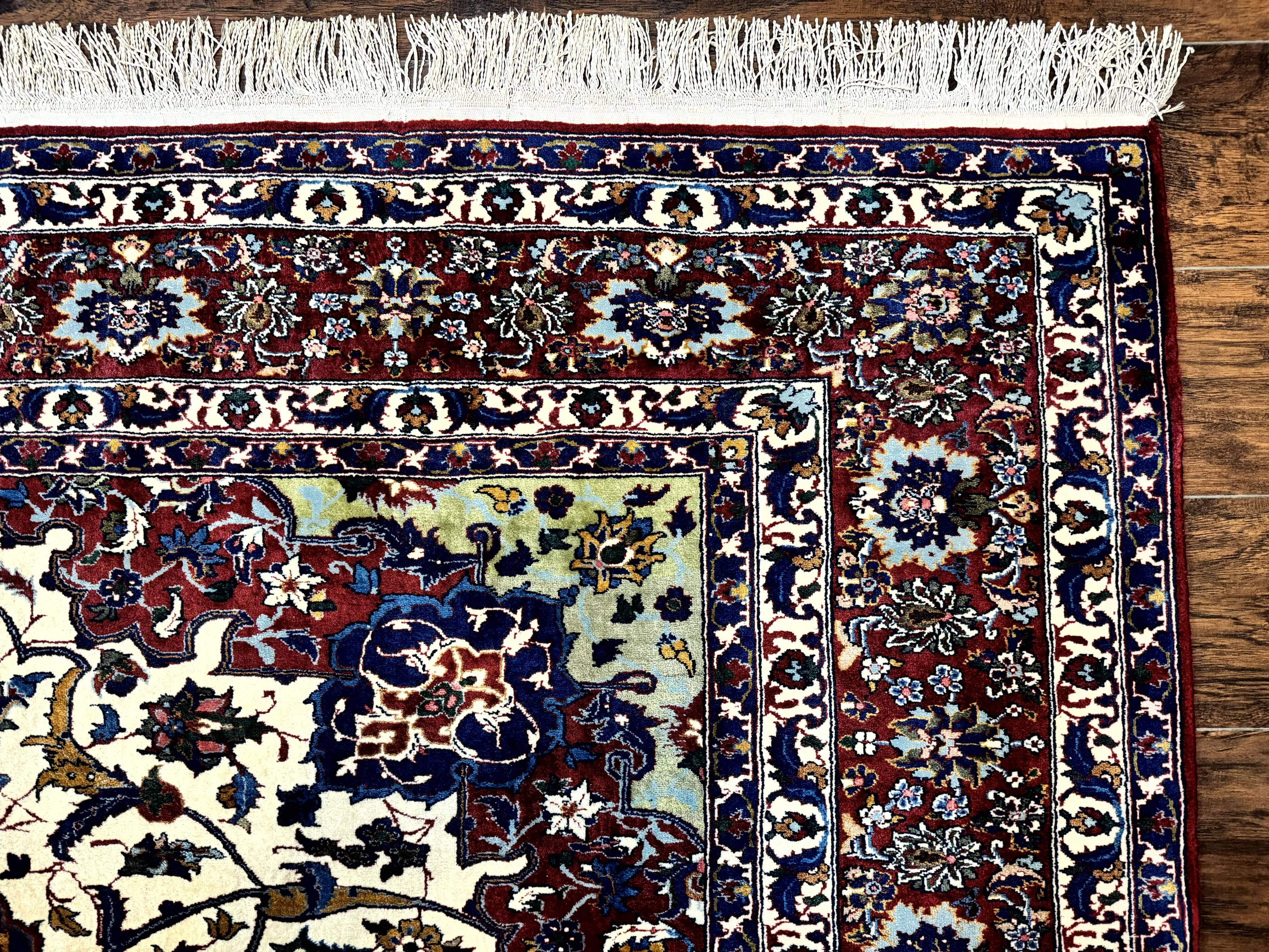 Wonderful Persian Isfahan Rug 7x9, Ivory Navy Blue Red, Floral Medallion, Very Finely Hand Knotted 260 KPSI, Handmade Wool Vintage Rug - Image 7