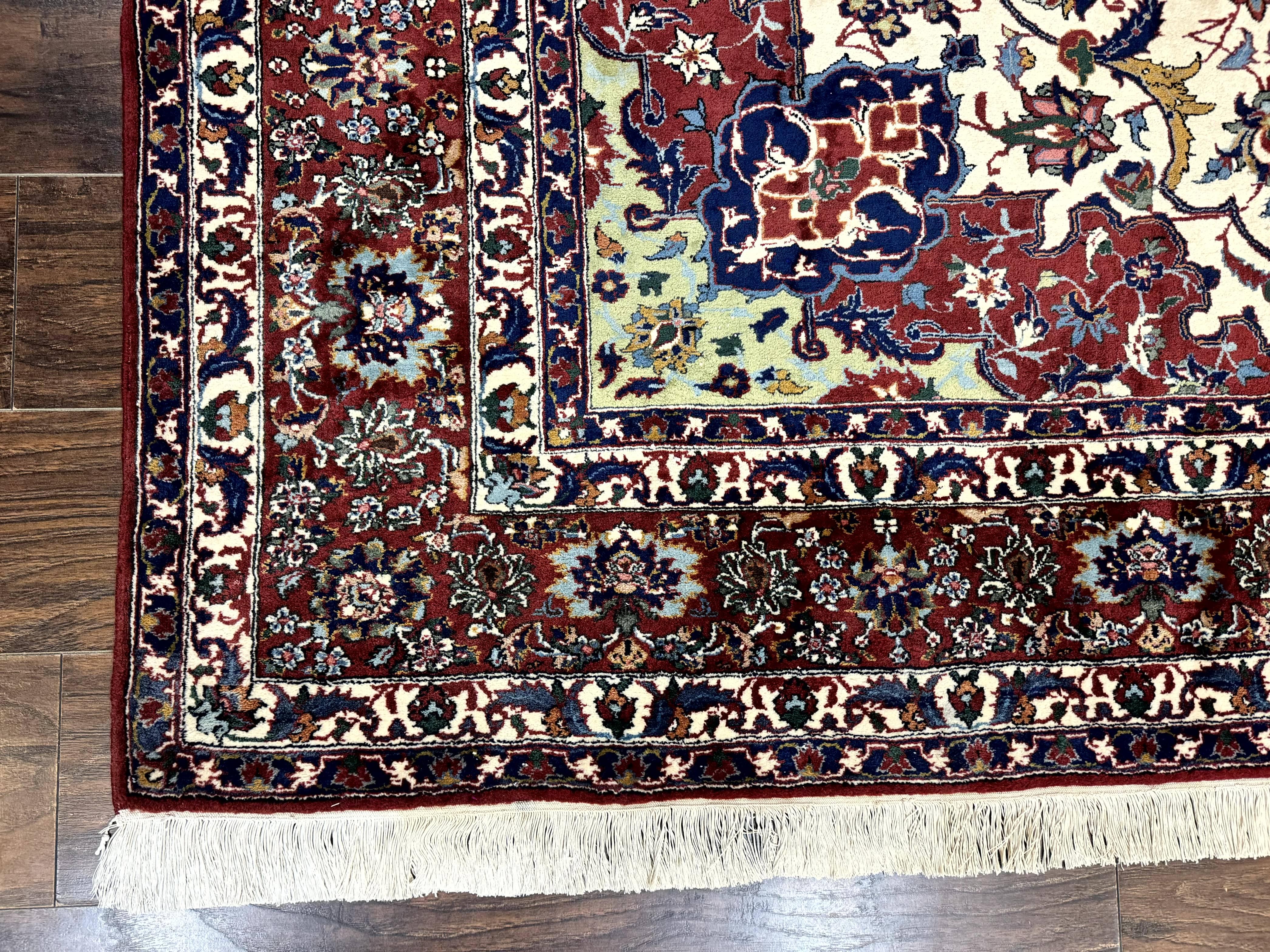 Wonderful Persian Isfahan Rug 7x9, Ivory Navy Blue Red, Floral Medallion, Very Finely Hand Knotted 260 KPSI, Handmade Wool Vintage Rug - Image 8