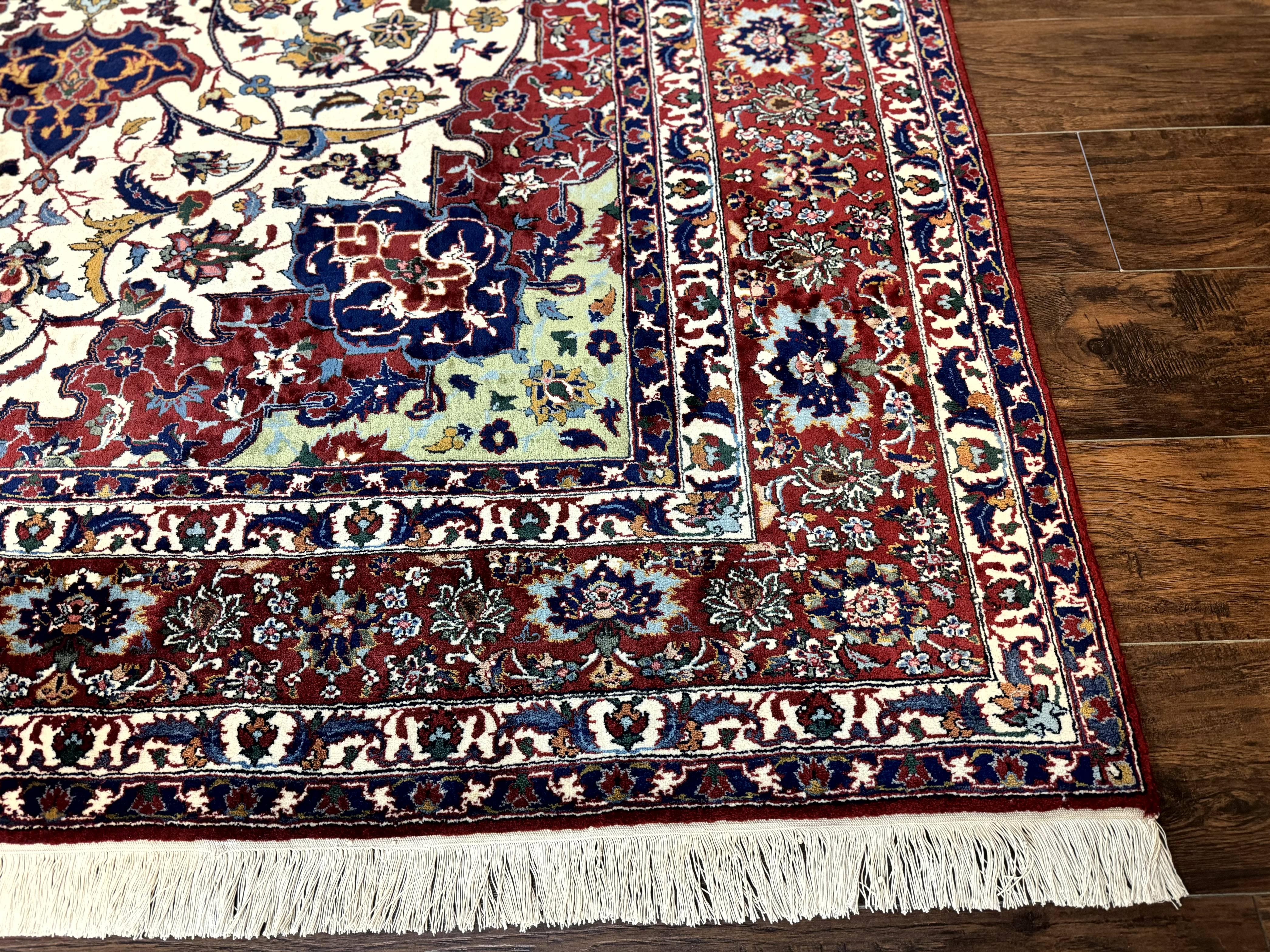 Wonderful Persian Isfahan Rug 7x9, Ivory Navy Blue Red, Floral Medallion, Very Finely Hand Knotted 260 KPSI, Handmade Wool Vintage Rug - Image 9